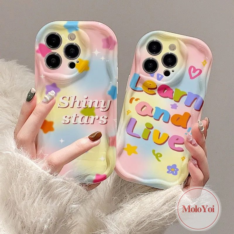 IPHONE Casing Huruf Bintang Kartun Warna-Warni Kompatibel Untuk Iphone11 14 12 13 Pro Max XR 7 8 6s 6 Plus X XS Max SE 2020 7Plus 8Plus Shockproof Glossy 3D Wavy Curved Edge Soft Cover