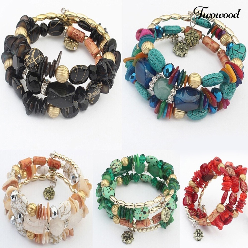 Twowood Women's Fashion Bohemian Multilayer Alloy Resin Beads Gelang Dekorasi Hadiah