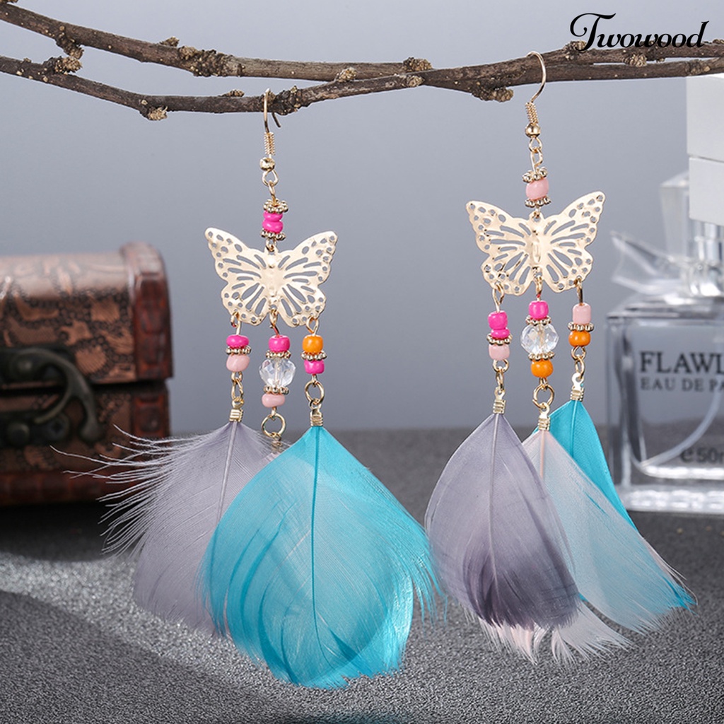 Twowood 1pasang Lady Earrings Bulu Sintetis Bohemia Kreatif Jumbai Etnik Menjuntai Anting Perhiasan