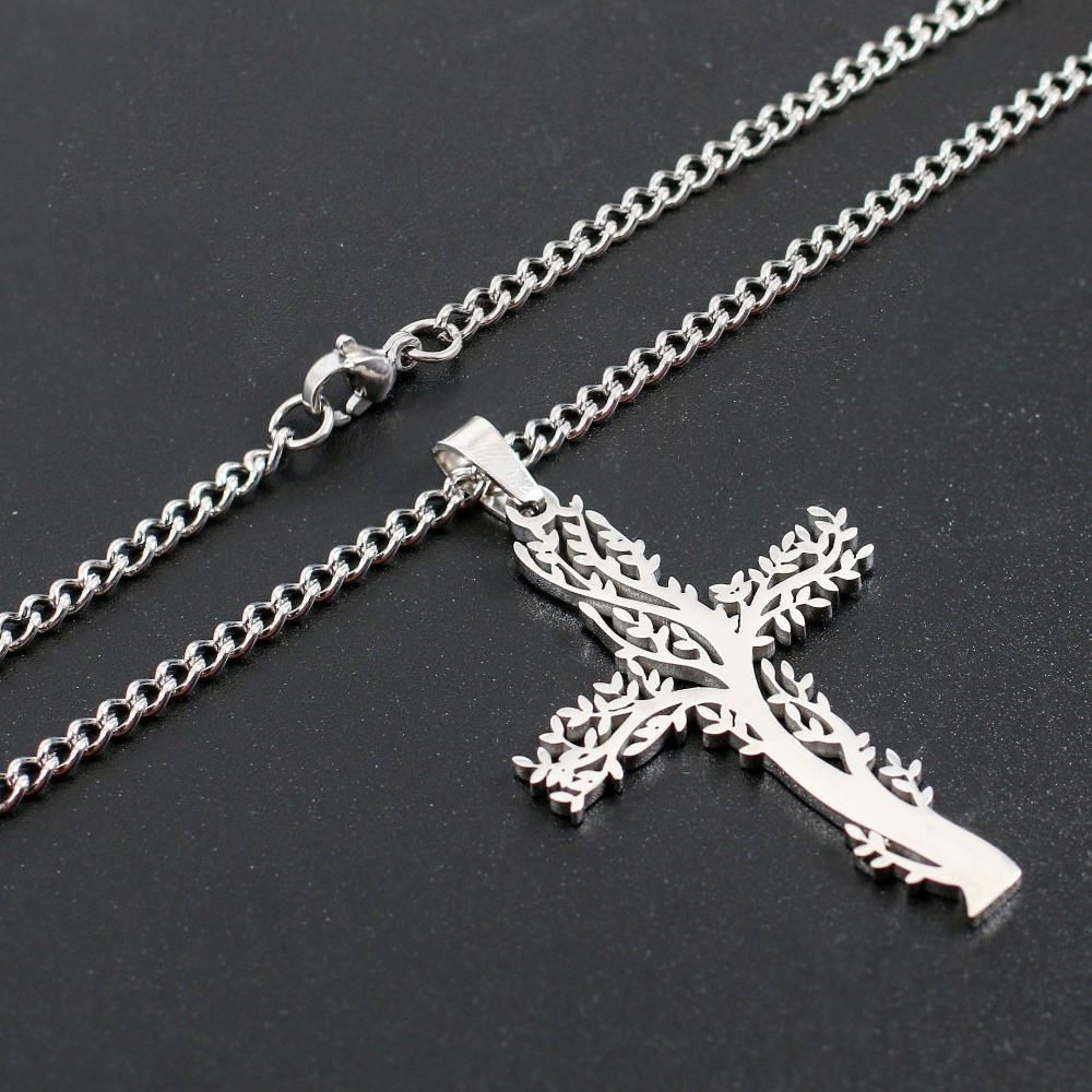 [X C Kalung] Emas &amp; Perak Baru Hip-hop Punk Retro Life Tree Cross ​Kalung titanium Steel Liontin Anti Karat Untuk Perhiasan Hadiah Liburan Pria Dan Wanita