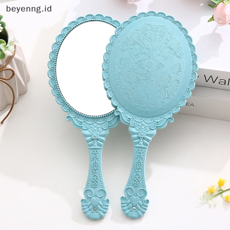 Beyen Vintage Ukir Handheld Vanity Mirror Cermin Rias Tangan Gagang Cermin Kosmetik ID