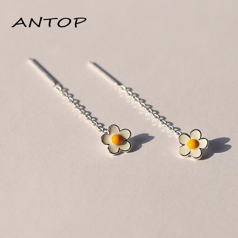 [antop] Anting Tusuk Telinga Daisy Segar Sederhana Anting Kamboja Panjang Wanita Musim Semi Panas Masuk Lux