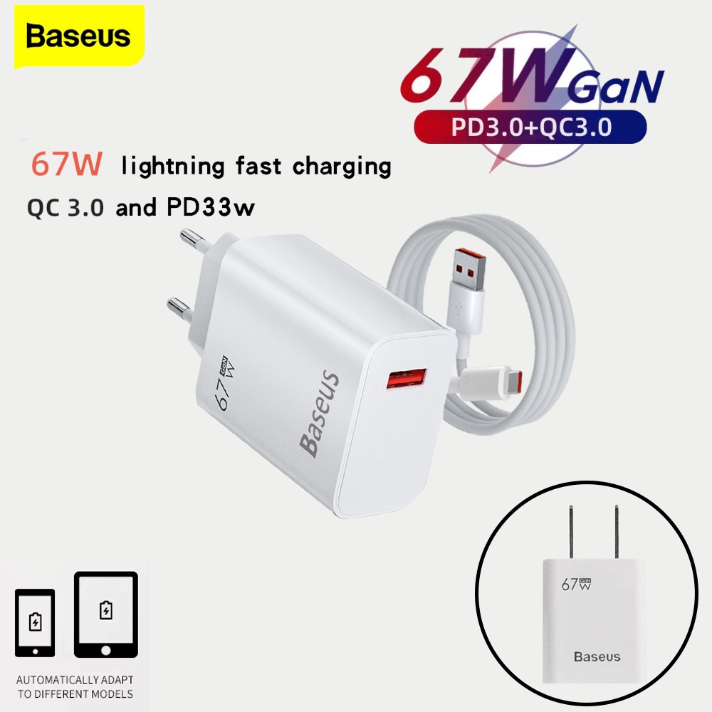 Baseus 67W USB Charger Fast Charging Adapter Quick Charge 3.0 10A USB Tipe C Kabel Charger Telepon Untuk iPhone Samsung Huawei Xiaomi