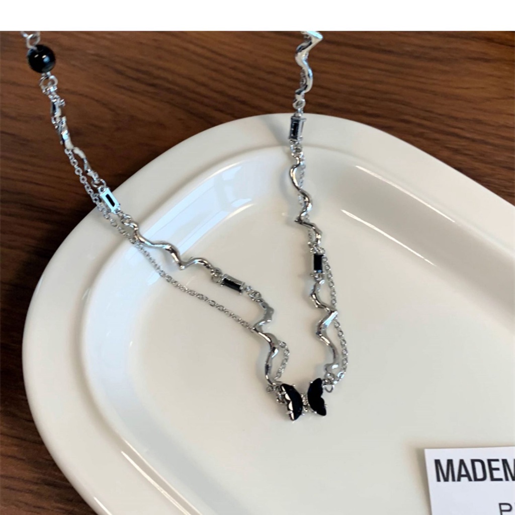 Ifyou Y2K Kalung Liontin Kupu-Kupu Hitam Gelombang Silver Double Layer Chain Choker Untuk Aksesoris Perhiasan Wanita