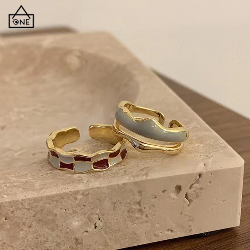 COD❤️3pcs Cincin Retro Wanita Emas Papan Catur Kotak-kotak yang dapat disesuaikan-A.one