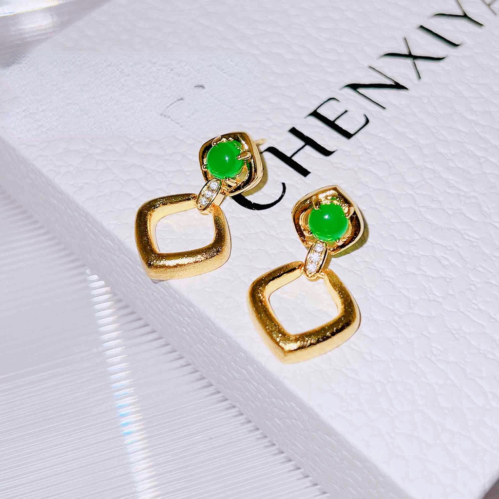 Goldkingdom Aksesoris Perhiasan Fashion Ready Stock Ukir Kawat Emas Proses Gambar Geometri Berlian Hijau Anting Tekstur Kalsedon Anting Perempuan