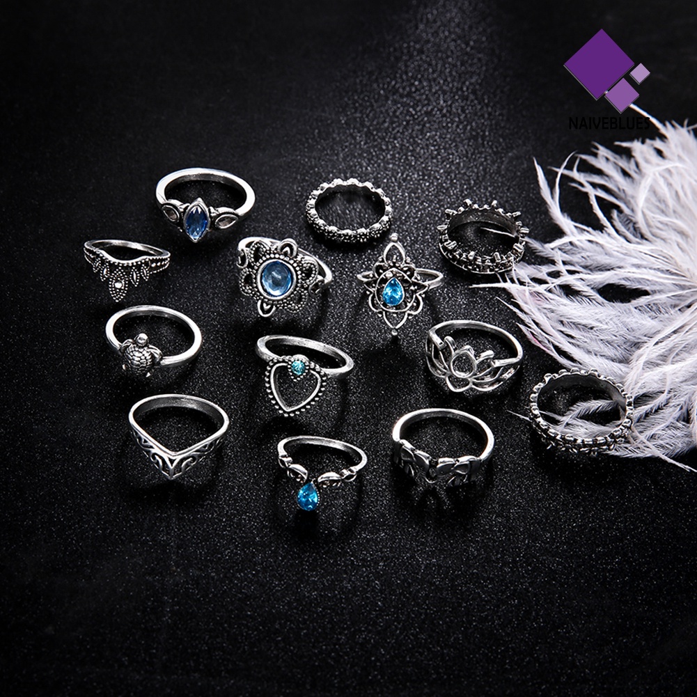 &lt; Naiveblues &gt; 13Pcs Boho Hollow Stacking Ring Set Knuckle Midi Tip Pesta Wanita