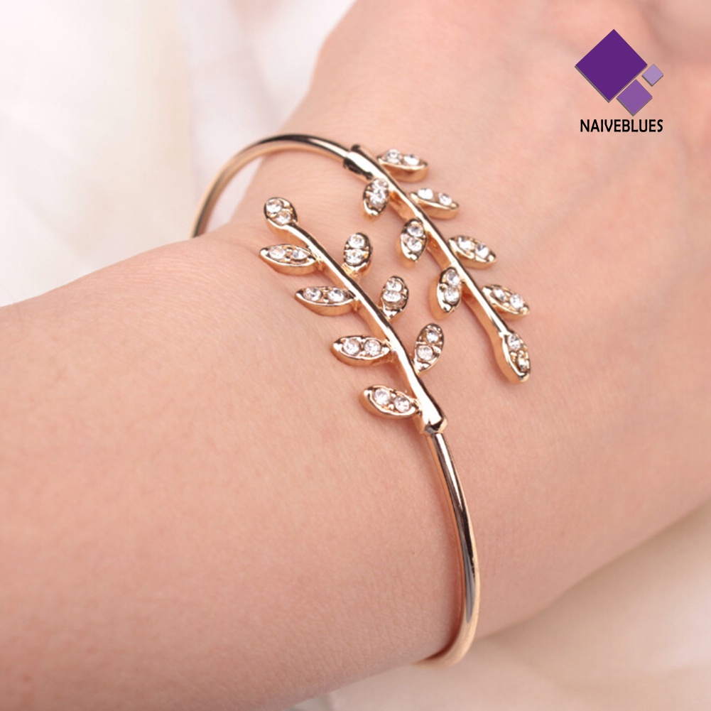 &lt; Naiveblues &gt; Wanita Fashion Berlian Imitasi Hias Daun Pembukaan Yang Dapat Disesuaikan Gelang Bangle