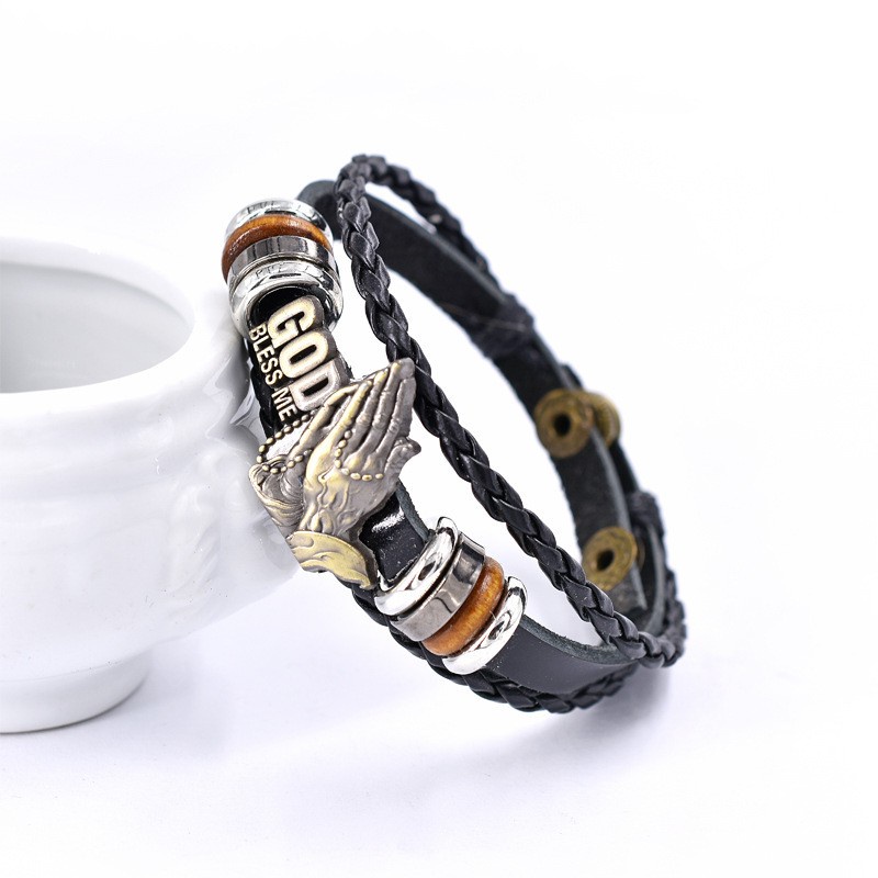 [X C Gelang] Baru Doa Allah Tangan Gelang Kulit Hitam Vintage Hip Hop Punk Gelang Kulit Lengan Manik-Manik Multilayer Zinc Alloy Anyaman Gelang