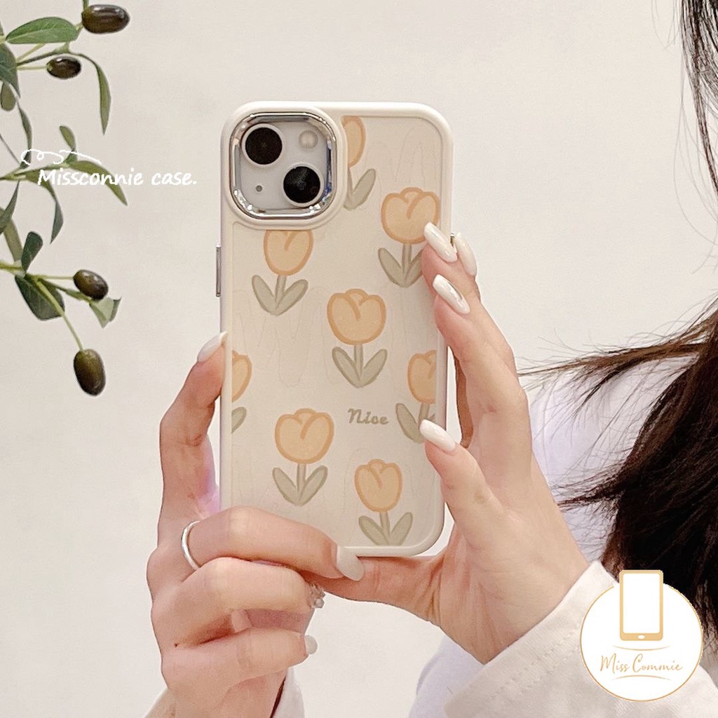 IPHONE Casing Ponsel Bingkai Lensa Logam Electroplate Kompatibel Untuk Iphone11 Pro MAX XR 7plus 14 12 13 Pro MAX X7 8 Plus XS MAX Bunga Tulip Segar Shockproof Lembut TPU Penutup Belakang
