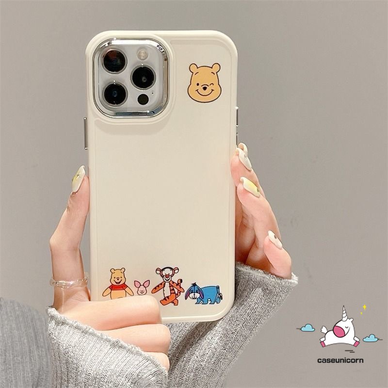 IPHONE Casing Frame Lensa Logam Plating Mewah Kompatibel Untuk Iphone14 11 12 13 Pro MAX X XR 7 8 Plus XS MAX Pasangan Caroon Lucu Disney Mickey Minnie Mouse Winnie The Pooh Bear Soft Cover