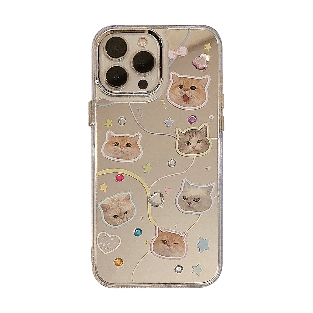 IPHONE Ins Kartun Kucing Lucu Dengan Berlian Berwarna Plating Cermin Casing Transparan Untuk Iphone14 11 12 13 PRO MAX Casing Cover Pelindung AT0257