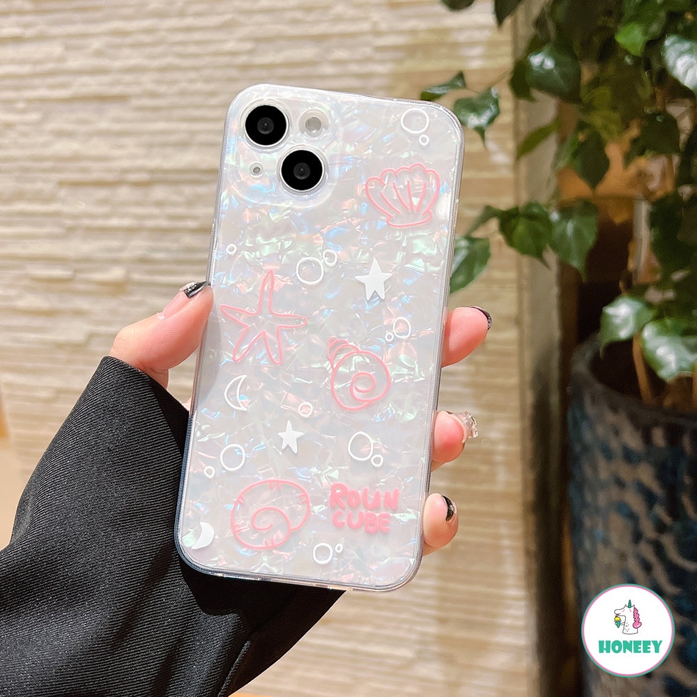 Ins Starfish Shell Ocean Glitter Back Cover Kompatibel Dengan iPhone 11 Pro Max13 12 14 Pro Max Lucu Warna-Warni Shockproof Phone Cover