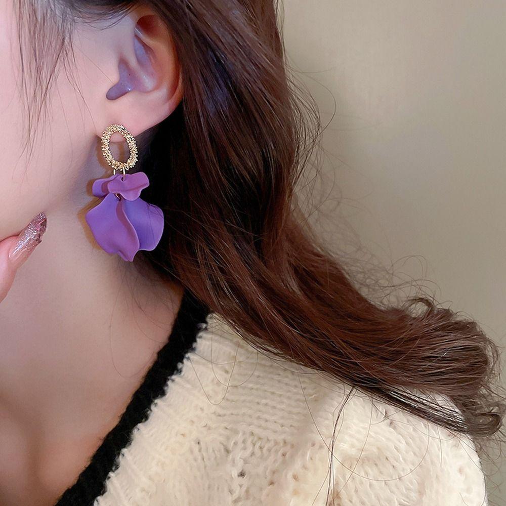 Mxbeauty Wanita Drop Earrings Pesona Halus Ear Drop Fragments Bunga Alloy Kelopak Akrilik Gaya Korea Menjuntai Earrings