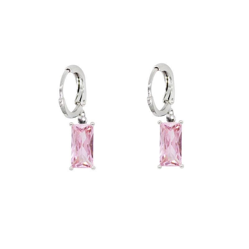 Pink Berlian Persegi Bertatahkan Zirkon Anting Salib Cantik Goreng Thunderbolt Pedas Gadis Tali Anting Gesper