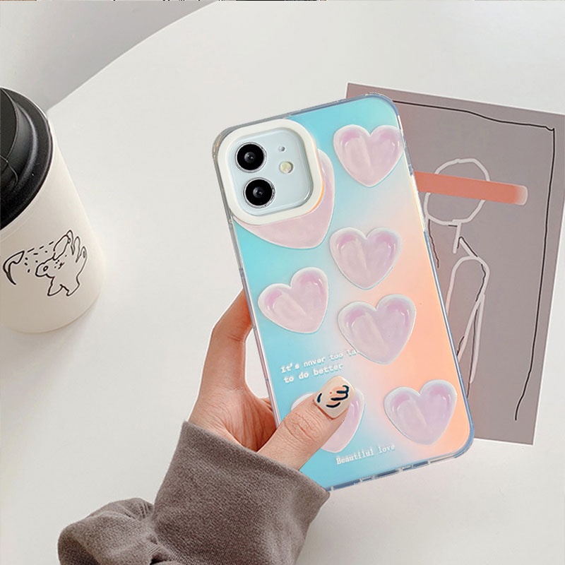 Compatible For IPhone 14 13 12 11 Pro Max X XR Xs Max 8 7 Plus SE 2020 Kompatibel Untuk Cinta Hati Yang Indah IMD Gradiasi Laser Casing Ponsel TPU Lembut Shockproof Cover Pelindung