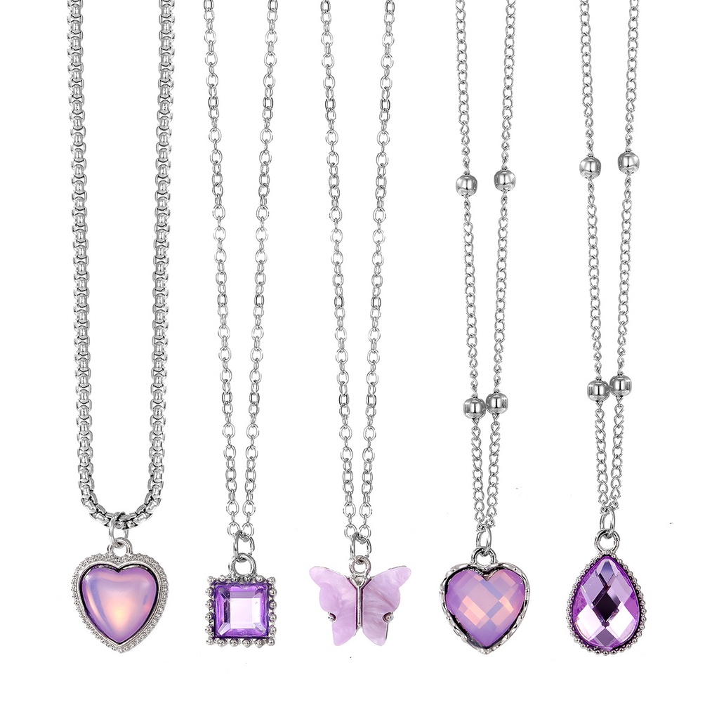 5-piece Set Fashion Sederhana Kupu-Kupu Cinta Air Mata Persegi Pribadi Trendi Tulang Selangka Perhiasan Kalung Set