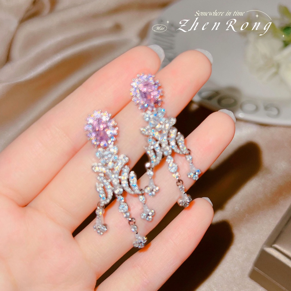 Goldkingdom Fashion Perhiasan Aksesoris Ready Stock Pink Berlian Sterling Silver Indah Rumbai Panjang Manis Keren Penuh Berlian Anting Untuk Wanita