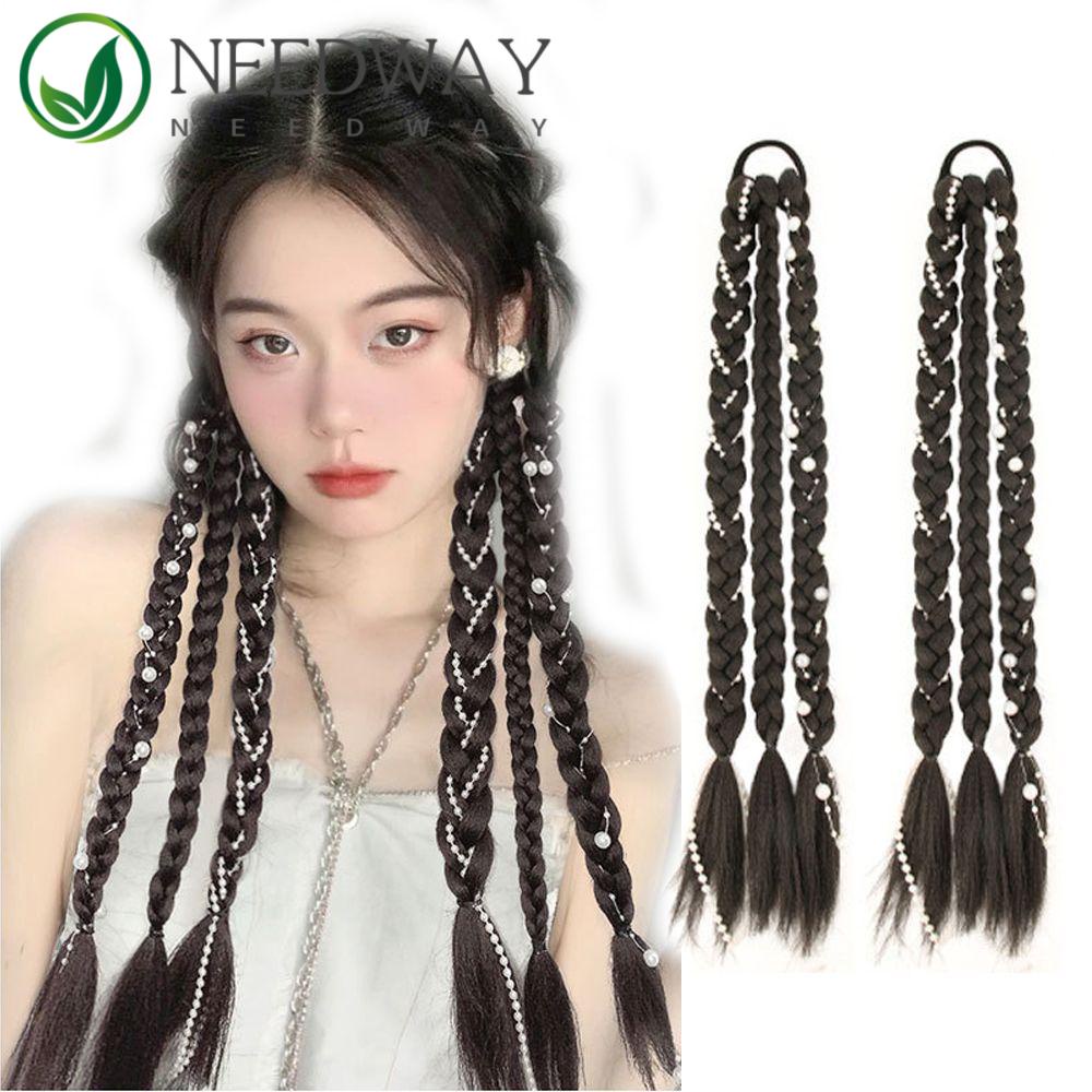 Needway   Wig Kepang Sintetis Streetwear Rambut Lampion Elastis Untuk Anak Perempuan Rambut Gimbal Krean Hair Band