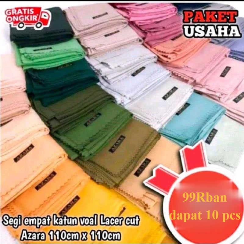 Paket usaha hijab segi empat polos laser cut azara 10 pcs rundom