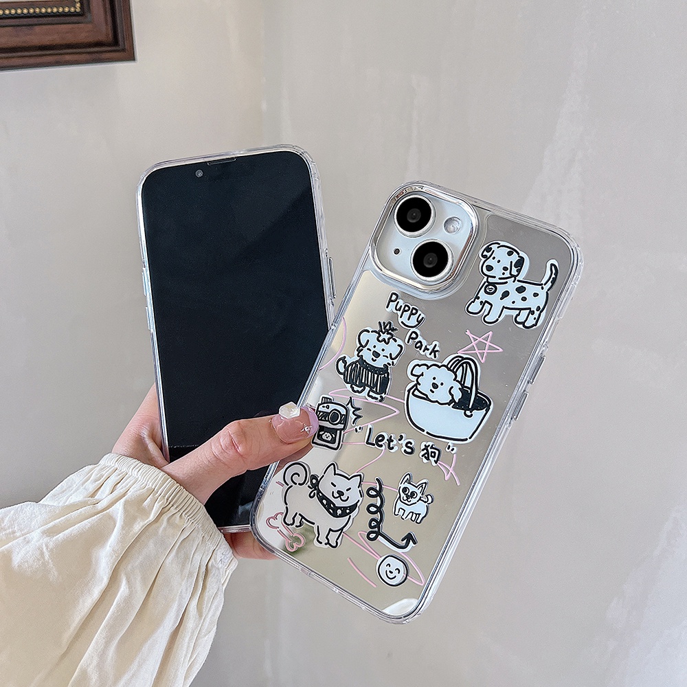 Korea Puppy Dog Makeup Mirror IPhone Case Kompatibel Untuk Iphone11 14 Pro Max Casing Ip13 Pro Max Iphone12 Case Lembut TPU Belakang Ponsel Cover