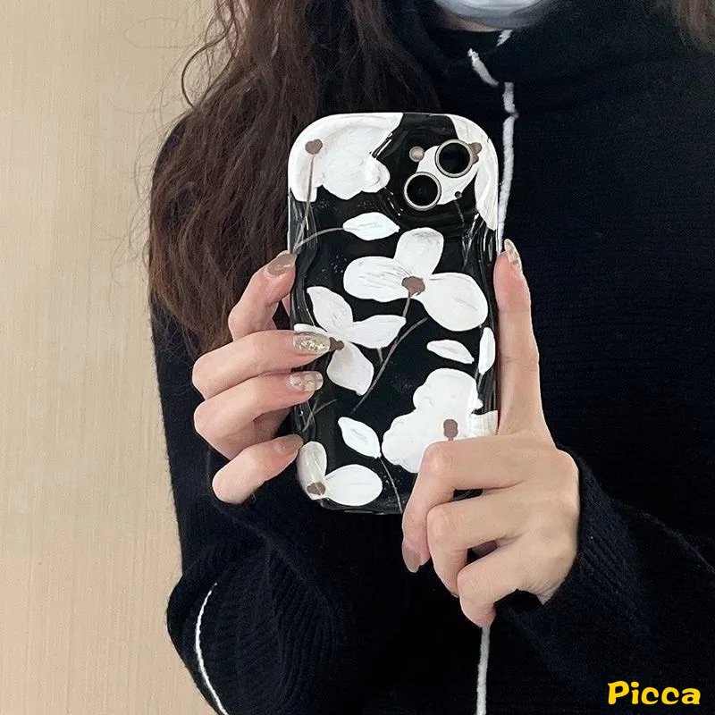 Ins Fashion Casing Bunga Seni Retro Hitam Untuk Redmi9 10 9A A1 A2 9T 10A 9C NFC 10C Redmi Note12 11 10 8 9 11s 10s 10Pro 10 Pro Max Plus POCO M3 3D Tepi Bergelombang Lengkung Lembut Sarung