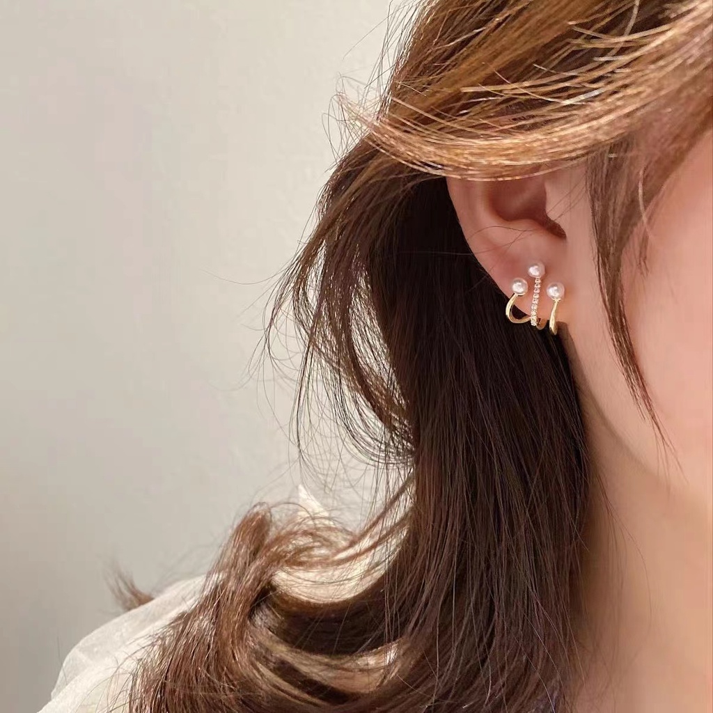 Ifyou Anting Tiga Lapis Mutiara Fashion Kristal Anting Klip Emas Untuk Aksesoris Perhiasan Wanita