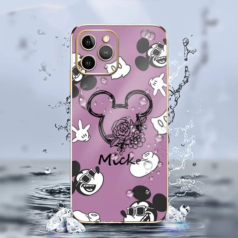 Cartoon Mickey Mouse Case for Oppo A9X A92019 F11 11PRO RENO RENO34G F15 A91 RENO44G RENO54G/5G RENO5K RENO64G RENO74G RENO84G F21PRO4G F21SPRO4G RENO7Z5G RENO8Z A9 Electroplate Funda Shockproof Cases Square Edge Cover Scratch Resistant Plating Casing