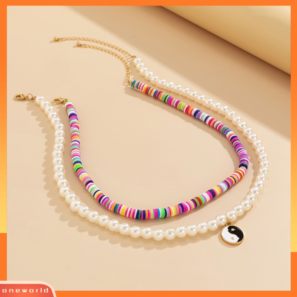 [ONE] 2pcs Wanita Kalung Manik-Manik Warna-Warni Motif Tai Chi Liontin Perhiasan Vintage Chokers Adjustable Untuk Pesta