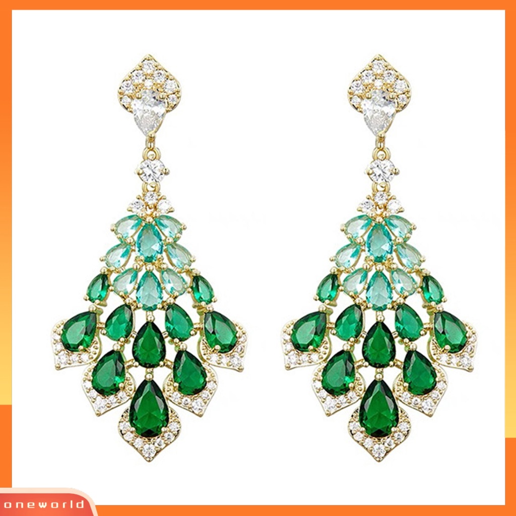 [ONE] 1pasang Drop Earrings Faux Green Kristal Bulu Bentuk Elegan Vintage Hadiah Cantik Nonallergic Berlian Imitasi Bertatahkan Menjuntai Anting-Anting Perhiasan Fashion