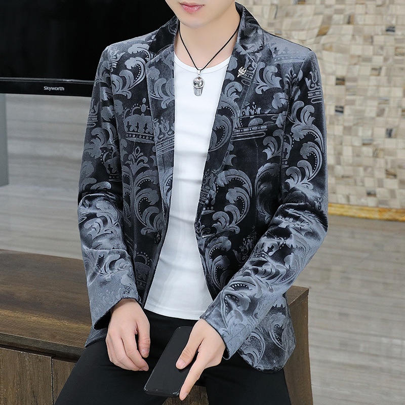 Jas Pria Blazer Pria Slim-Fit Gaya Korea 2022, Pakaian Pria Trendi Beludru Emas Jacquard Anak Muda 8