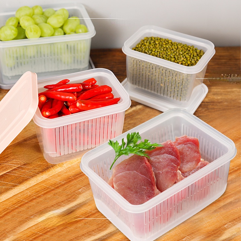 Double-layer Fresh-Keeping Drainage Case Wadah Penghemat Produksi Buah Sayuran Bumbu Dapur Kotak Penyimpanan Reusable Refrigerator Oragnizers Dengan Keranjang Saluran Yang Dapat Dilepas