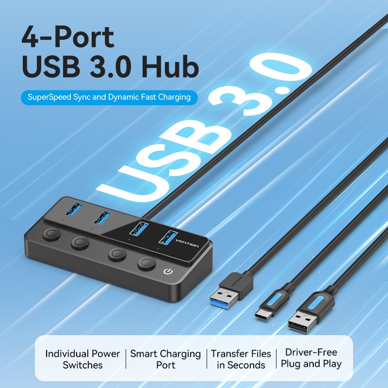 Vention 5In1 USB 3.0 Multi Port USB HUB Dengan Saklar Daya Individu USB-C 5Gbps Smart Charging Port USB C Adapter