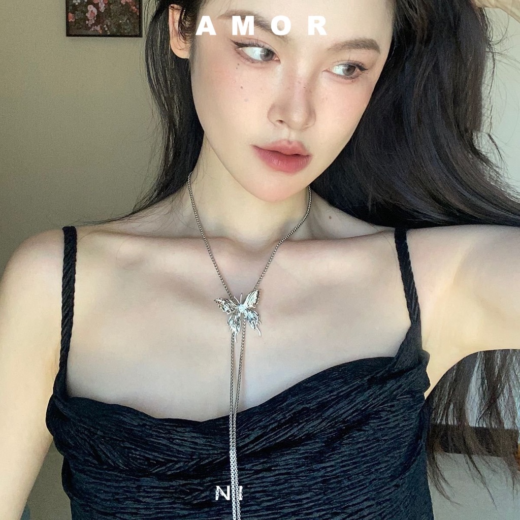 Y2k Butterfly Pull Adjustable Necklace Liquefied Metal Pribadi Asli Manis Keren Pedas Gadis2023 Indah