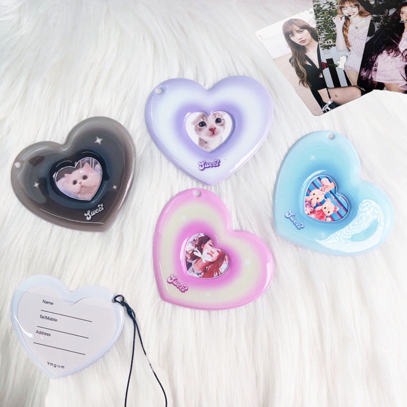 Gradient Heart Card Holder Dengan Gantungan Kunci Mini Photocard Sleeve Portable Cute Love Pendant Dekorasi Luggage Tag