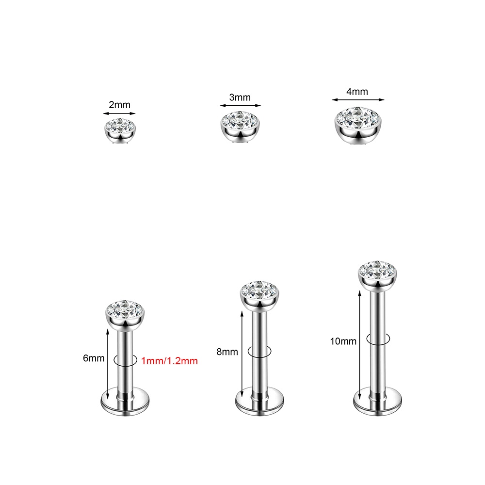 10-12pcs 18G /16G Warna Kristal Labret Piercing Stainless Steel Lip Stud Set Tulang Rawan Stud Earrings Helix Keong Piercing