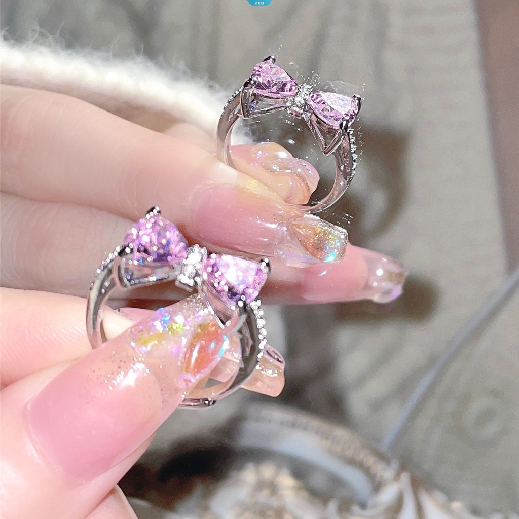 Elegan Pink Kristal Bunga Pernikahan Untuk Wanita Dainty Bride Unadjustable RingsBow Tie Zirconia Rhinestone Engagement Ring [ZK]