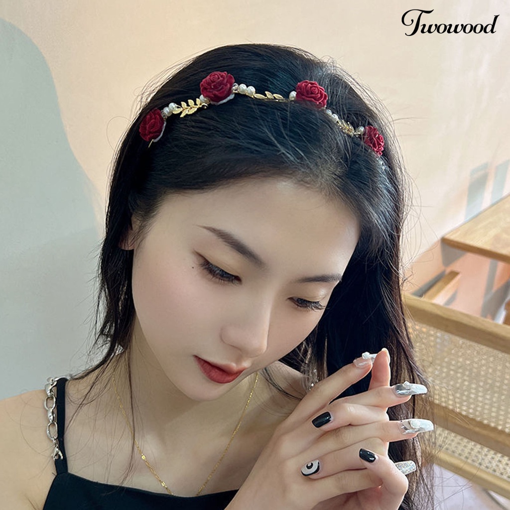 Twowood Rose Headband Glossy Faux Pearl Pengerjaan Halus Daun Dekorasi Vintage Hias Lolita Anti-slip Rose Wedding Hair Hoop Wanita Aksesori Rambut