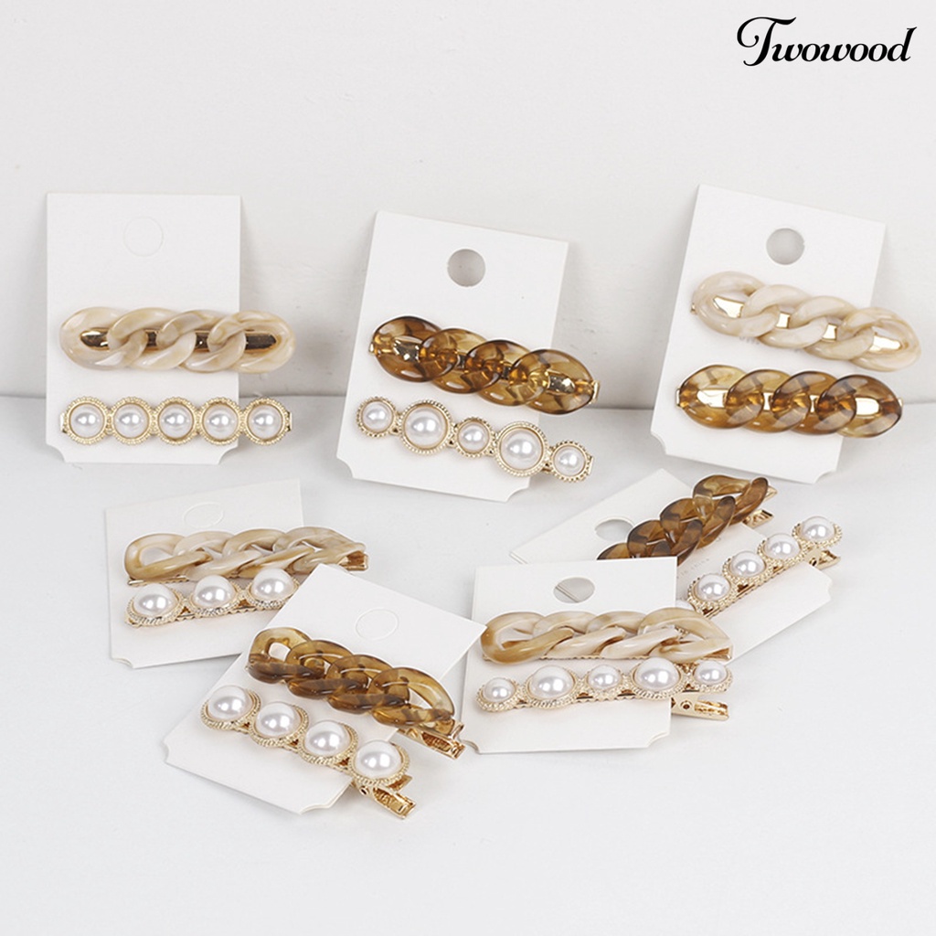 Twowood 2pcs/Set Wanita Jepit Rambut Mutiara Imitasi Non-slip Bentuk Rantai Geometris Ringan Hiasan Transparan Gadis Rambut Dekorasi Hair Clips Aksesoris Rambut