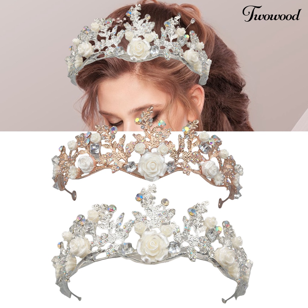 Twowood Shiny Rhinestones Mulia Elegan Pernikahan Mahkota Halus Bunga Daun Bentuk Rambut Pengantin Mahkota Headband Aksesoris Rambut