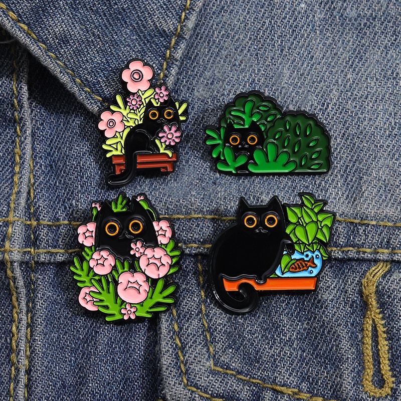 Lucu Kucing Tanaman Enamel Pin Bros Daun Hijau Bunga Kucing Bros Lencana Logam Kerah Pin Ransel Perhiasan Hadiah