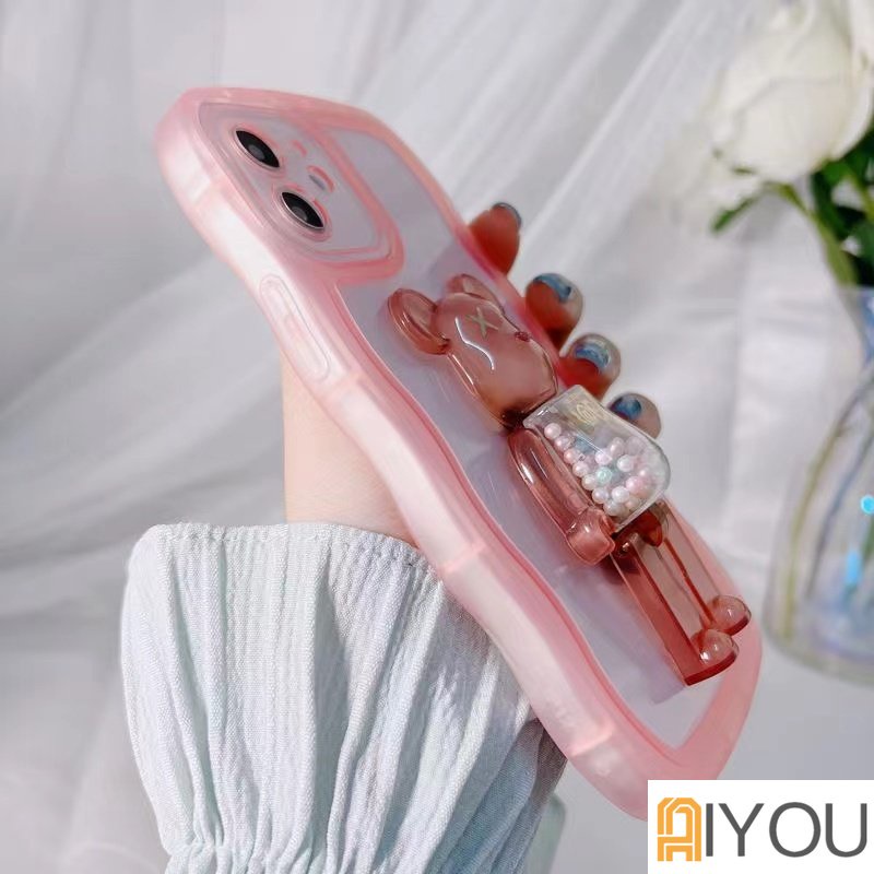 Casing Stand Holder Lipat Beruang Lucu Untuk IPhone11 13pro Max 12pro Max Promax 14plus X/XSmax XR 7plus8 Plus Penutup Transparan Tahan Guncangan