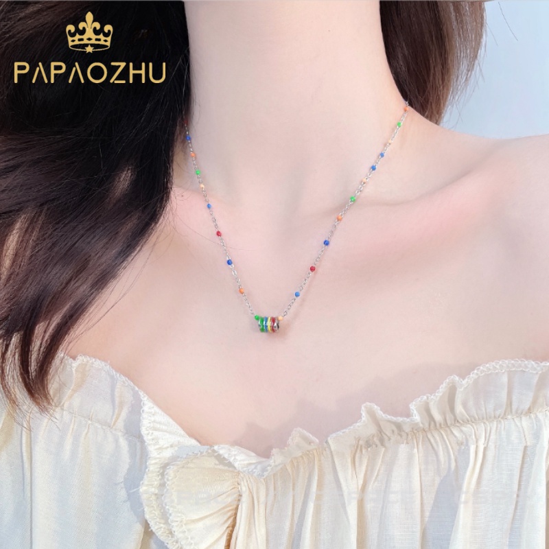 Magic789 Trendi s925 Perak Rainbow Silinder Liontin Kalung Untuk Wanita Perempuan Elegan Warna-Warni Manik-Manik Rantai Kalung Perhiasan Hadiah