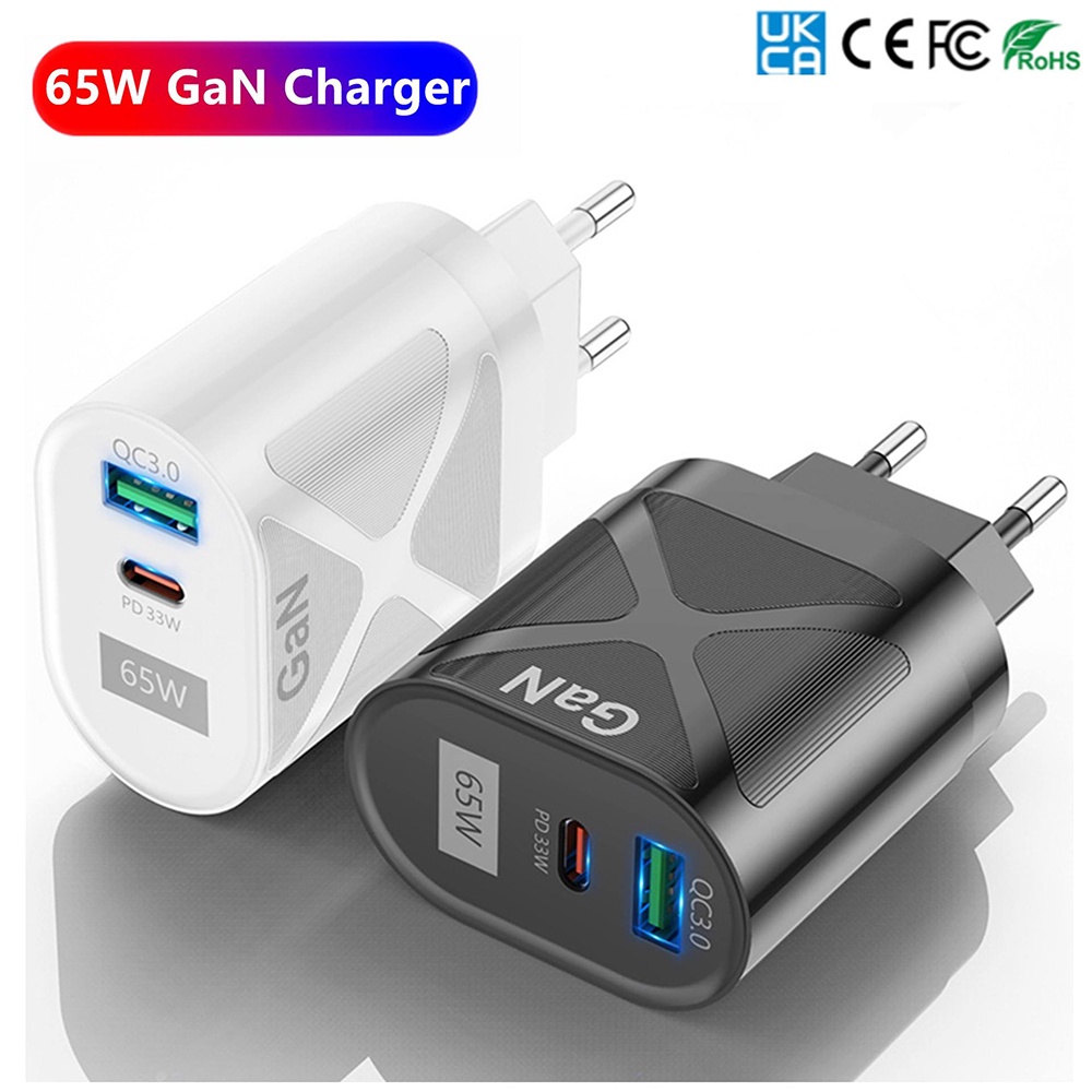 Gan389 65W EU/US Portable PD+QC3.0 USB Adapter/Rumah Perjalanan Kantor ABS Pengisian Cepat Kepala Charger Ponsel