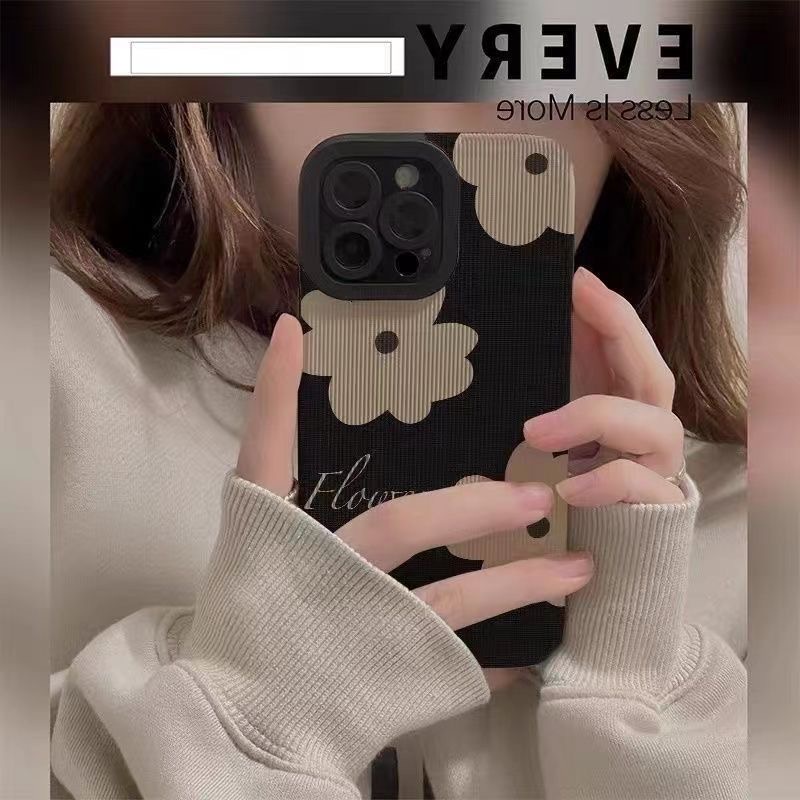 All New Lamb Skin Pretty Black Art Flower Soft Case IPhone 7 Plus 8 Plus X XS XR XS Max 11 13 12 14 PRO Max 14 Plus SE Phone Case Girl Girl Women' Fashion Black Flower Case