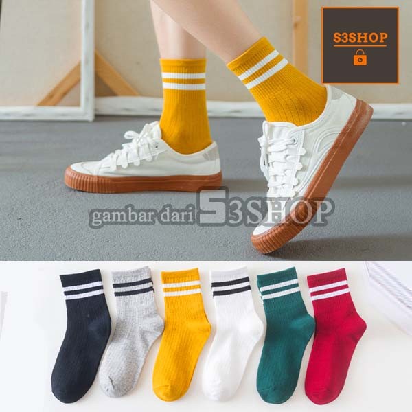 Kaos Kaki Retro Garis Putih Daily Socks Kasual Pria Wanita Korea Style