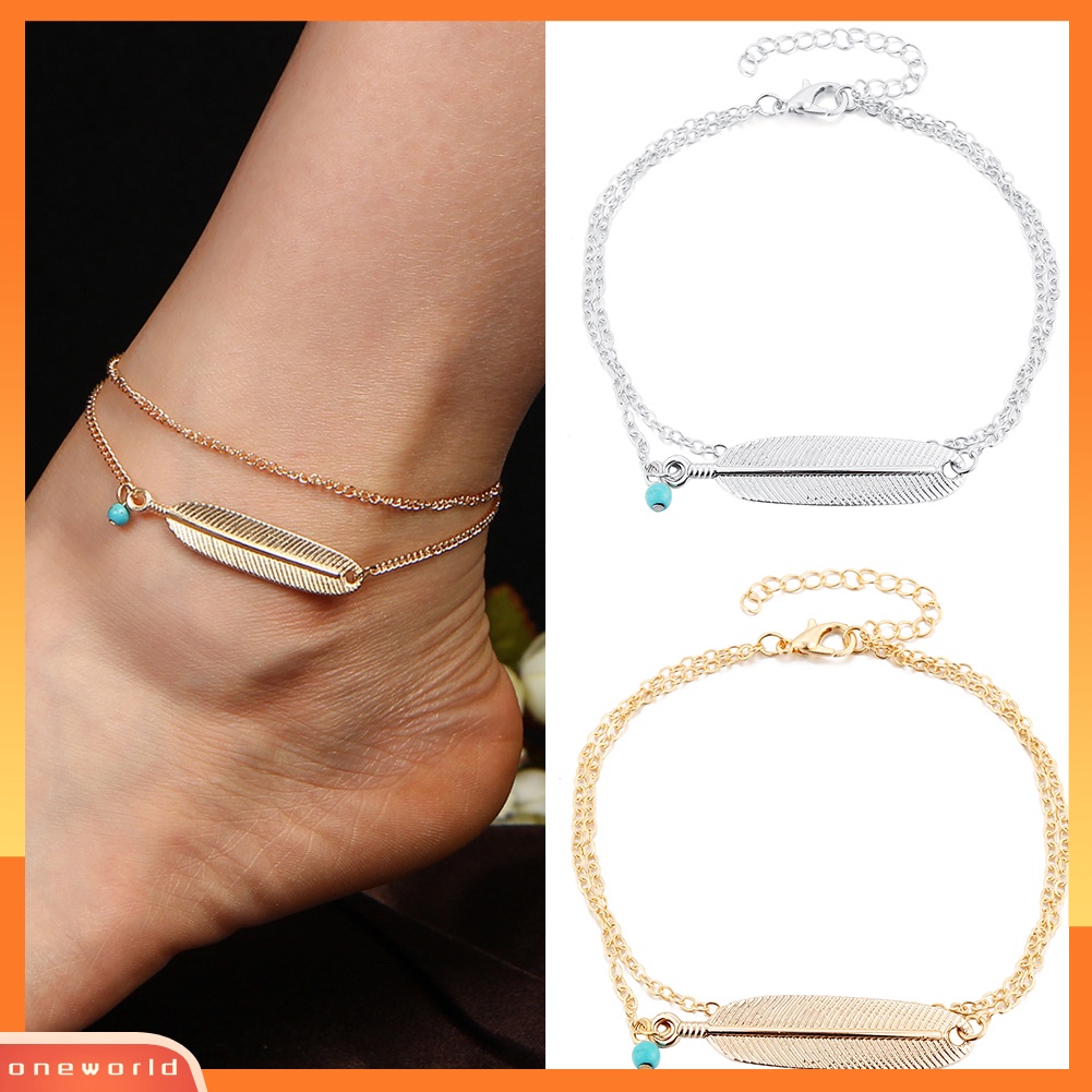 [WOD] Wanita Retro Turquoise Bead Bulu Liontin Gelang Rantai Pergelangan Kaki Barefoot Anklets