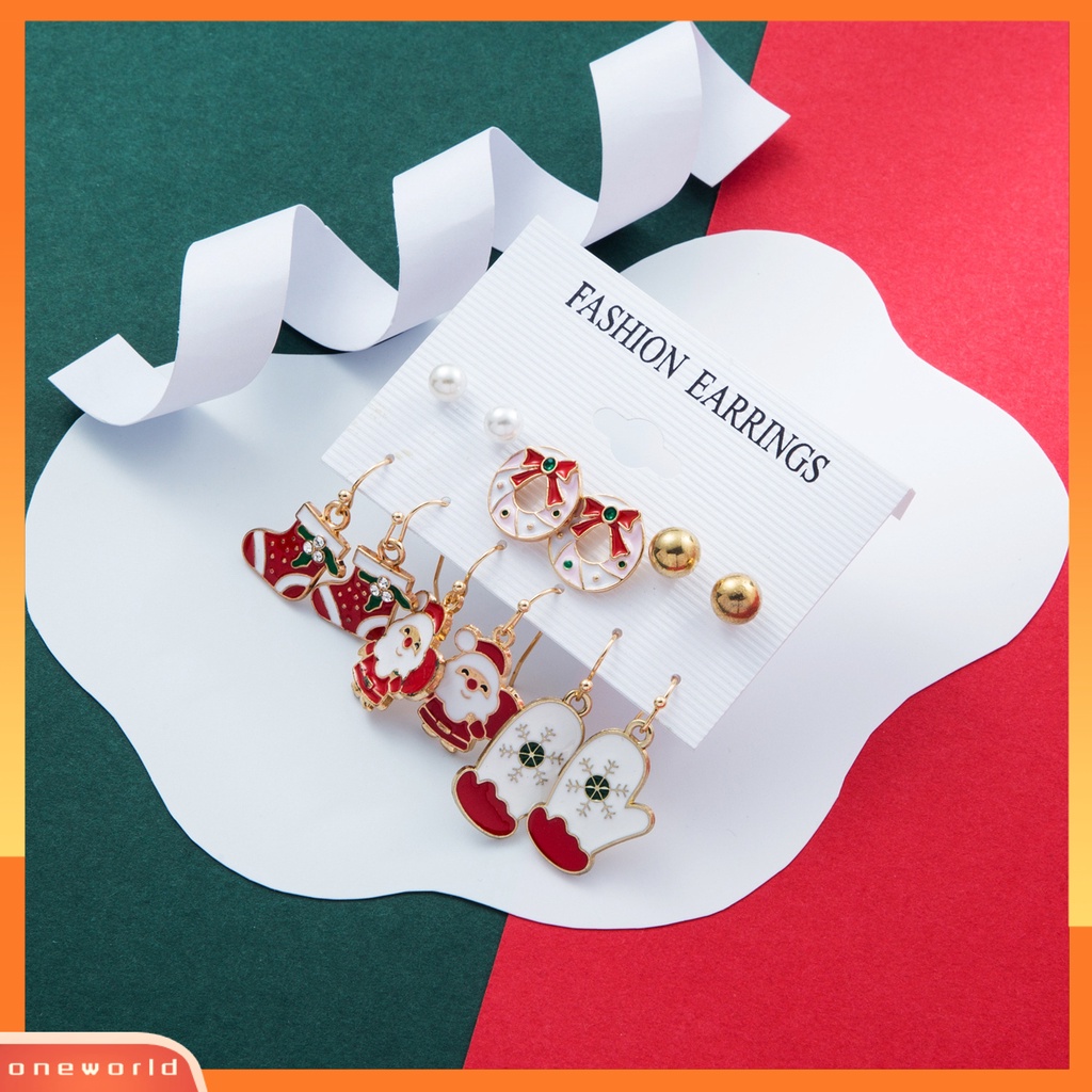 [WOD] 6pasang/set Anting Natal Meriah Enamel Geometris Mengkilap Electroplating Dekorasi Perhiasan Hadiah Pohon Xmas Elk Snowman Santa Claus Ear Studs Menjuntai Earrings