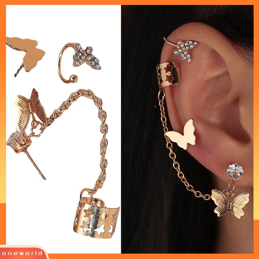 [WOD] Anting Wanita Bentuk Kupu-Kupu Rantai Perhiasan Berlian Imitasi Dekorasi Ear Cuff Stud Earrings Untuk Pakaian Sehari-Hari