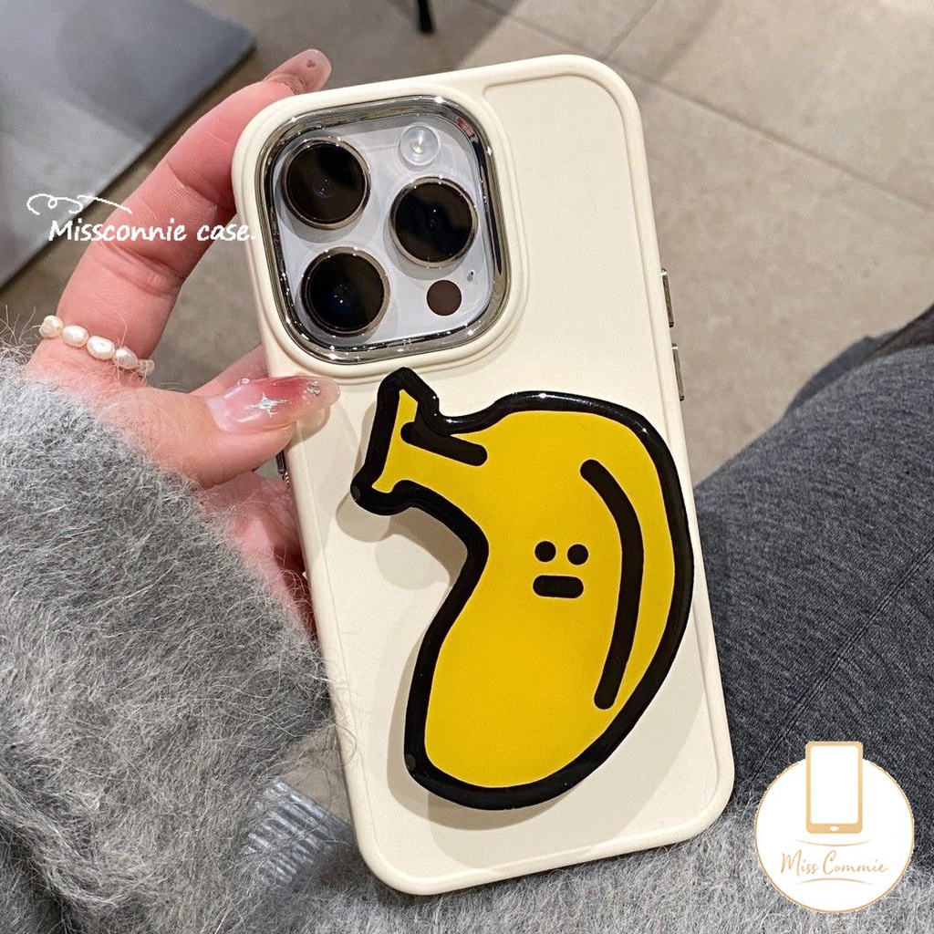 IPHONE Case Bingkai Lensa Logam Plating Warna Solid Sederhana Kompatibel Untuk Iphone7 8 Plus11 14 12 13 Pro MAX X XR XS MAX Soft Cover Dengan Beruang Lucu Puppy Pisang Kentang Goreng Bracket Aksesoris